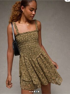 American Eagle Outfitters Olive Paisley Smocked Mini Dress